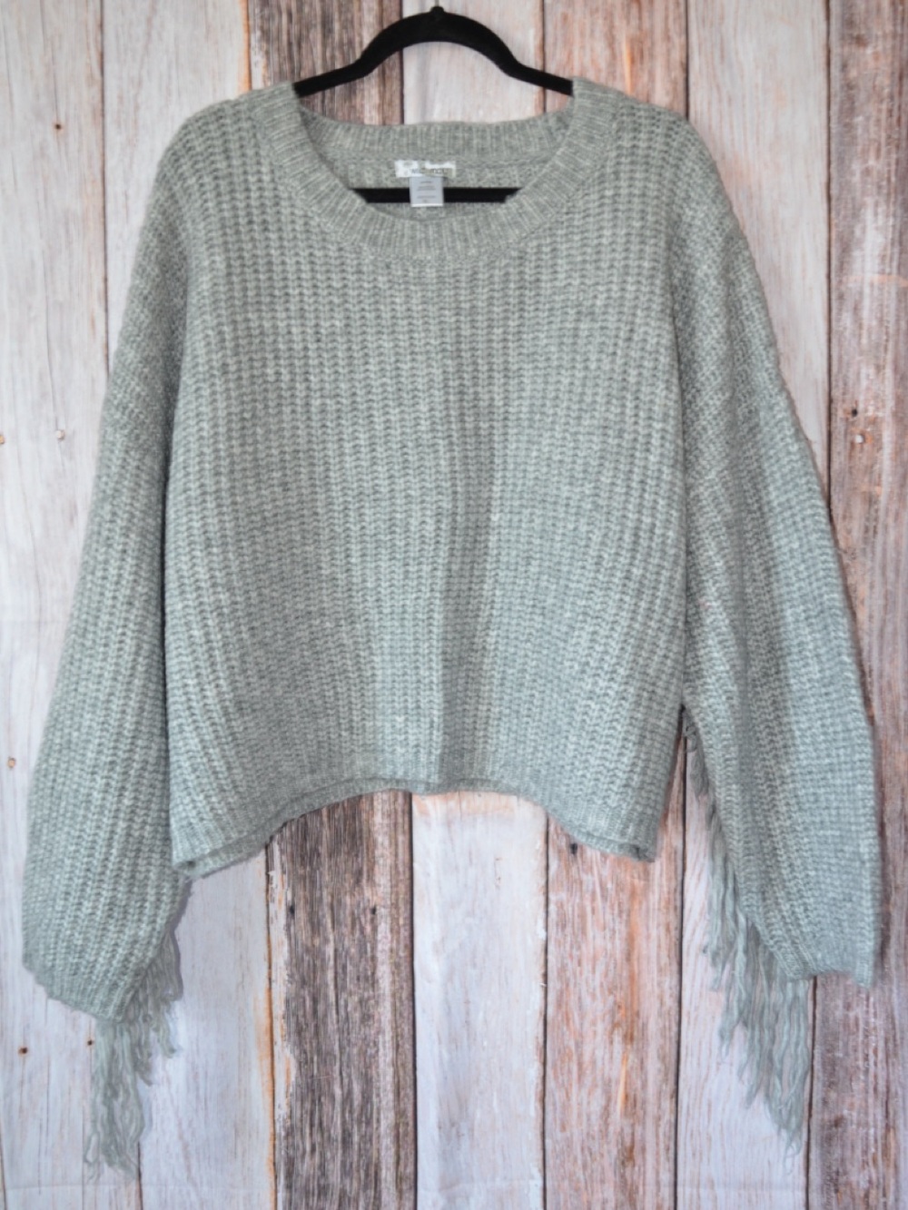 Women's Crewneck Fringe-Trim Sweater in Light Gray